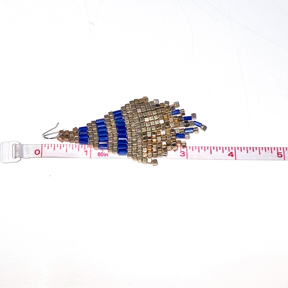 New Iridescent Navy Blue & Metallic Gold Beaded Fringe Earrings, Boho Style - Picture 13 of 14